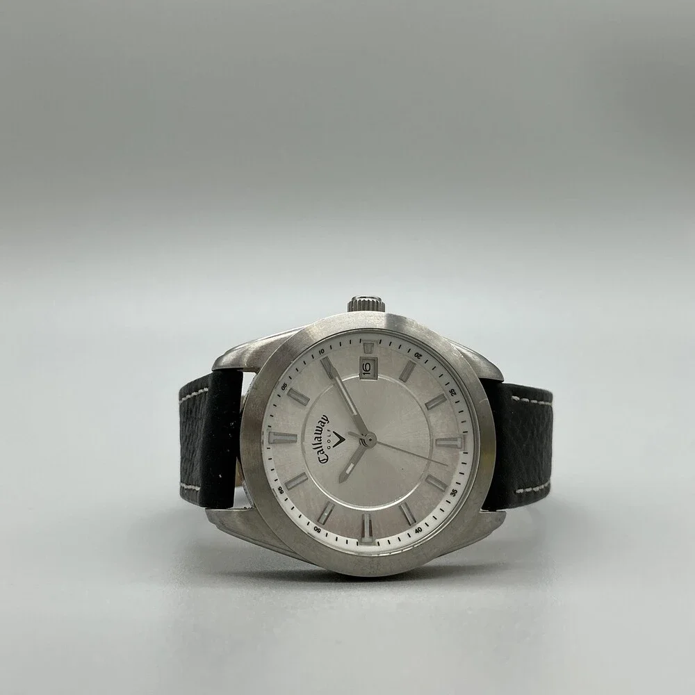 Callaway Golf Unisex Watch 33mm Silver Dial Black Leather Date 50m New Battery